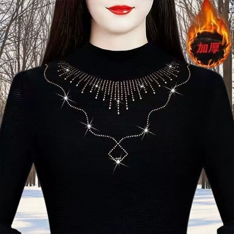 秋冬季加绒加厚女士T恤长袖打底衫中年妈妈洋气减龄半高领上衣女