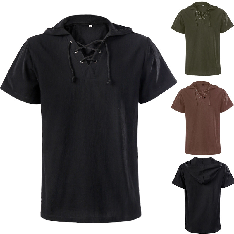 亞馬遜跨境復古帶帽領寬鬆青年休閒短袖襯衫綁帶中世紀表演服上衣