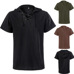 亞馬遜跨境復古帶帽領寬鬆青年休閒短袖襯衫綁帶中世紀表演服上衣