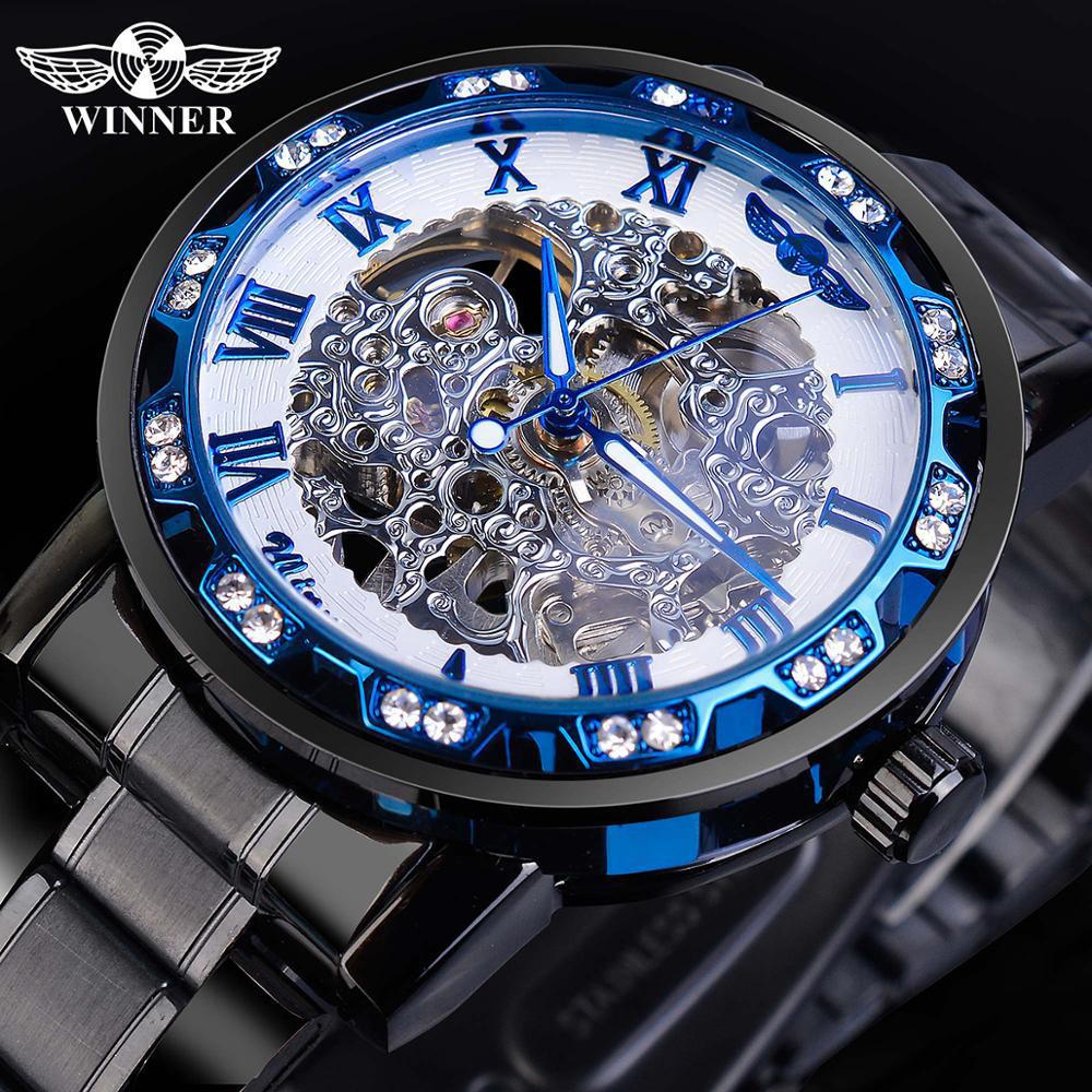 GANADOR 614 hombres correa de acero reloj mecánico hueco transparente inferior rhinestone moda manual reloj mecánico