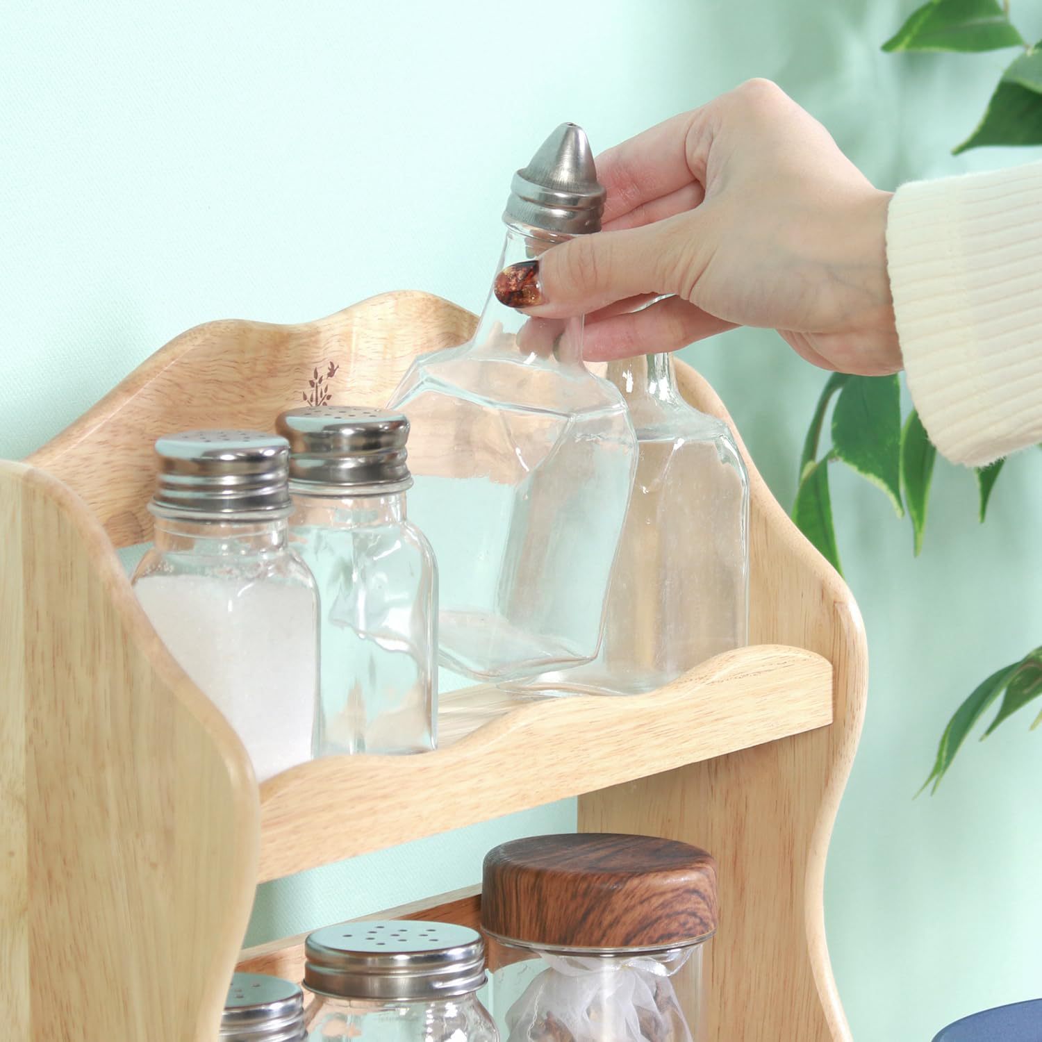 국경 간 솔리드 우드 주방 보관 랙 식료품 2 층 조미료 보관 랙 요리 나무 랙 화분 식물 보관 랙