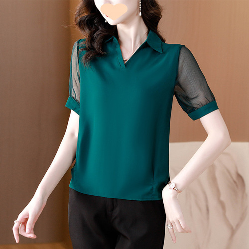 2025 Summer Dress Lightweight Chiffon Blouse Short Sleeve Shirt Stylish Top Cover Stomach Women's Summer