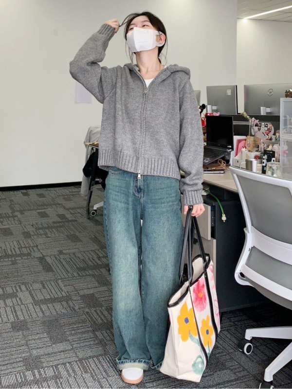 蓝色连帽针织衫春秋装外套女秋冬季宽松甜蜜拉链毛衣开衫短款上衣|undefined