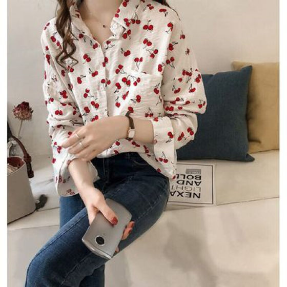 2023 Summer New Long Sleeve Shirt Women's Loose Korean Style Sweet Cherry Print Shirt Base Shirt Top for Women