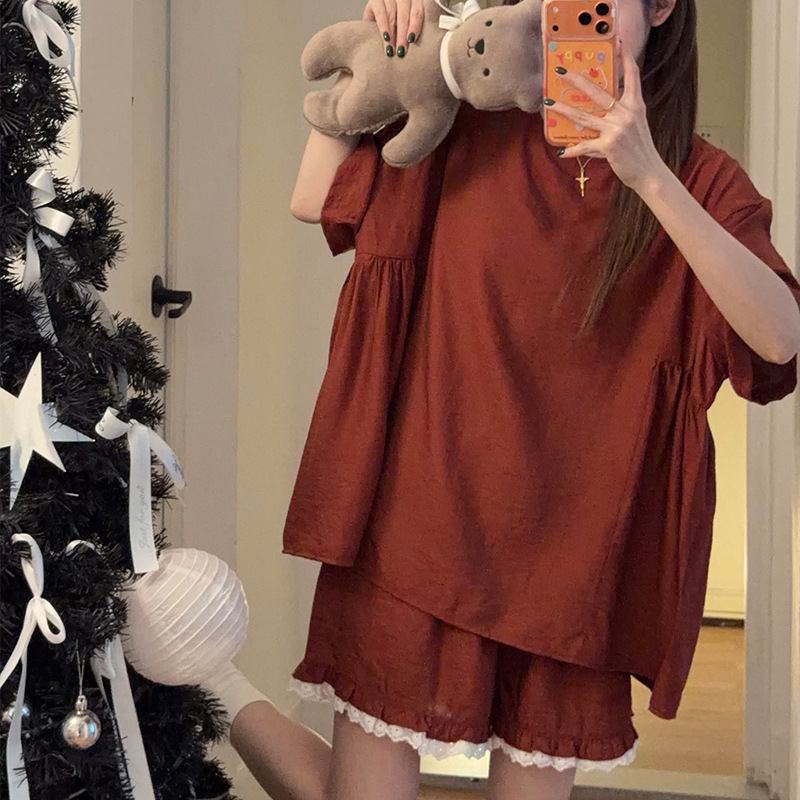 Summer Cotton and Linen Women's Pajamas 2026 New Korean Style Red Babydoll Shirt Short-Sleeved Suit Sweet and Loose Home Clothes