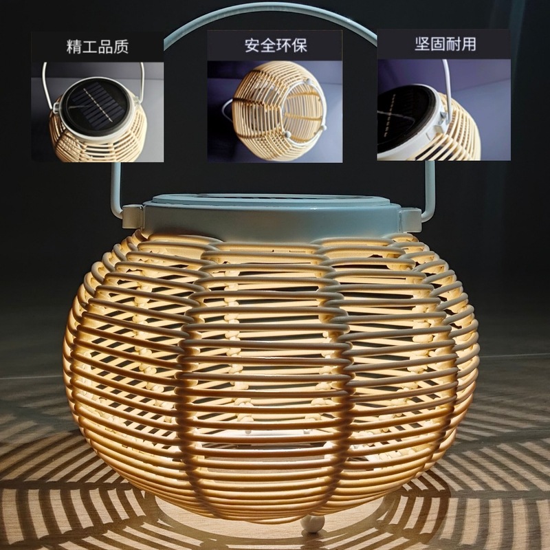 跨境太阳能灯笼庭院灯氛围灯藤编日式花园装饰竹编灯田园风庭院灯|undefined