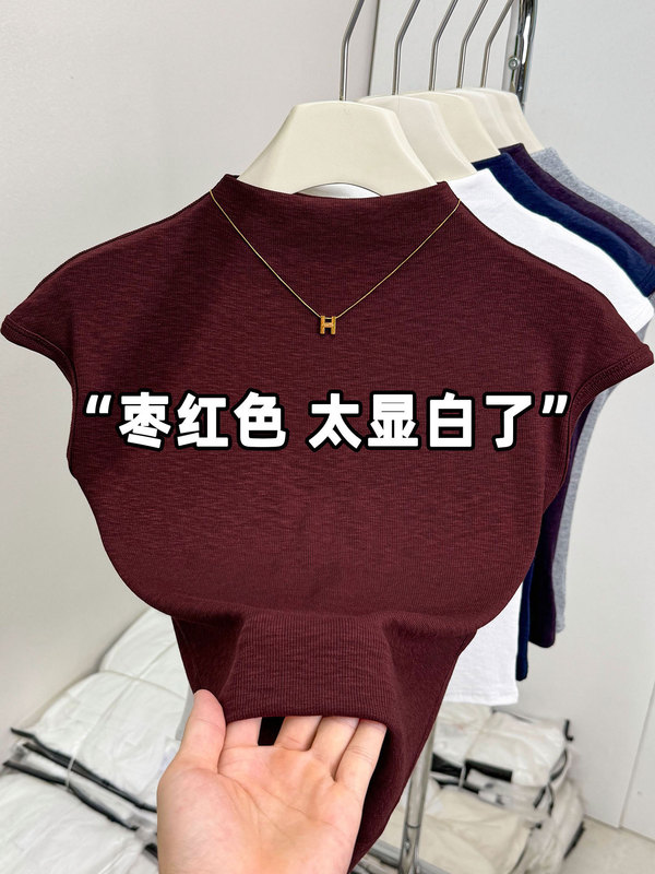 欧货半高领小飞袖T恤秋上衣女新款修身显瘦时尚短款内搭打底|undefined