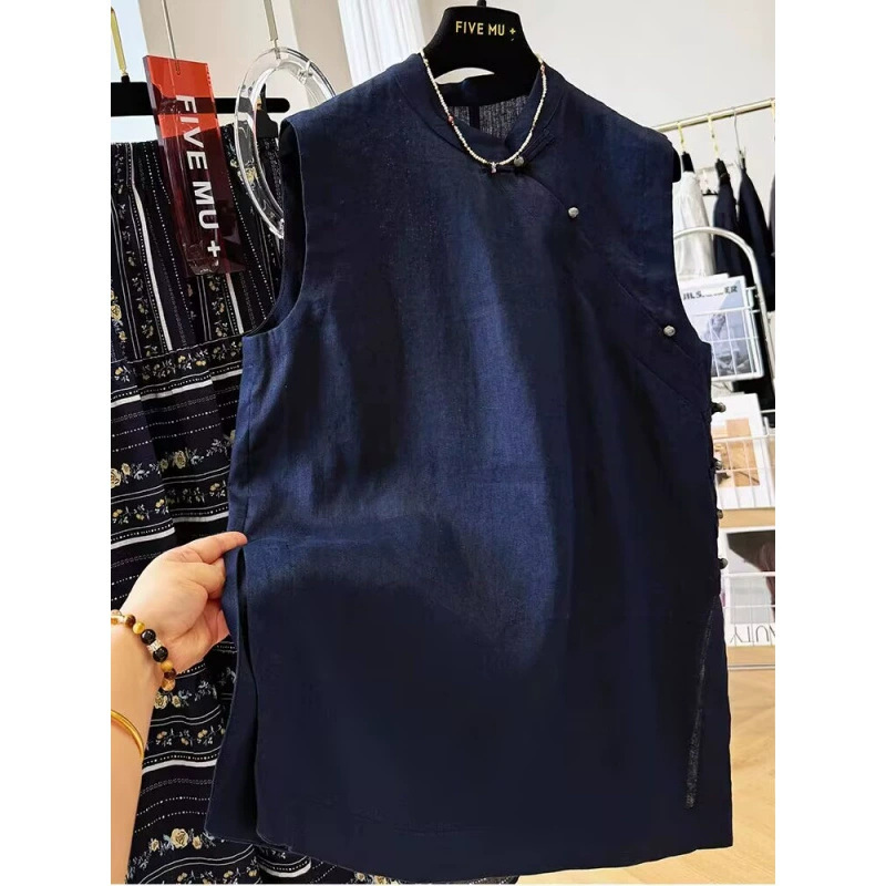 Новая легкая рубашка без рукавов в китайском стиле в национальном стиле для женщин, летний льняной топ средней длины с жилетом
