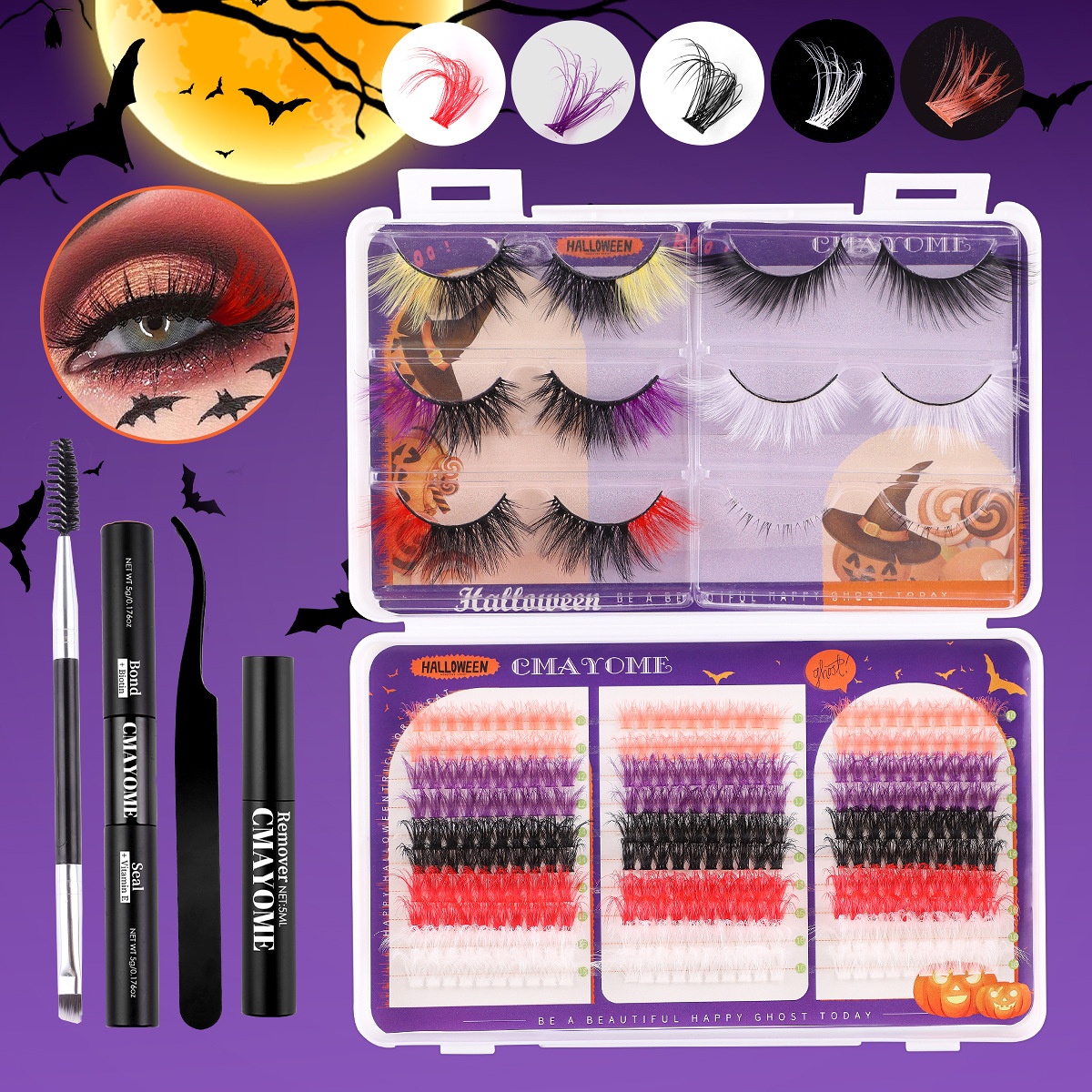 Cross border new Halloween colored false eyelashes set exaggerated curling thick single cluster eyelashes mixed wholesale_voghion.com