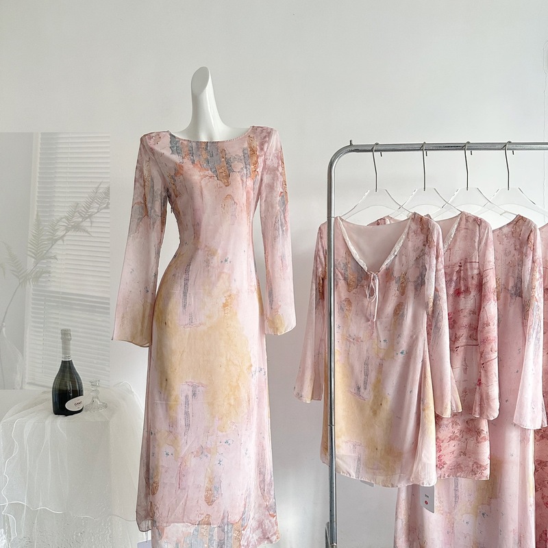 "Xinxing" New Summer Style French-Style Elegant Waist-Cinching Slimming Printed Flared Sleeve Long/Short Dress for Women
