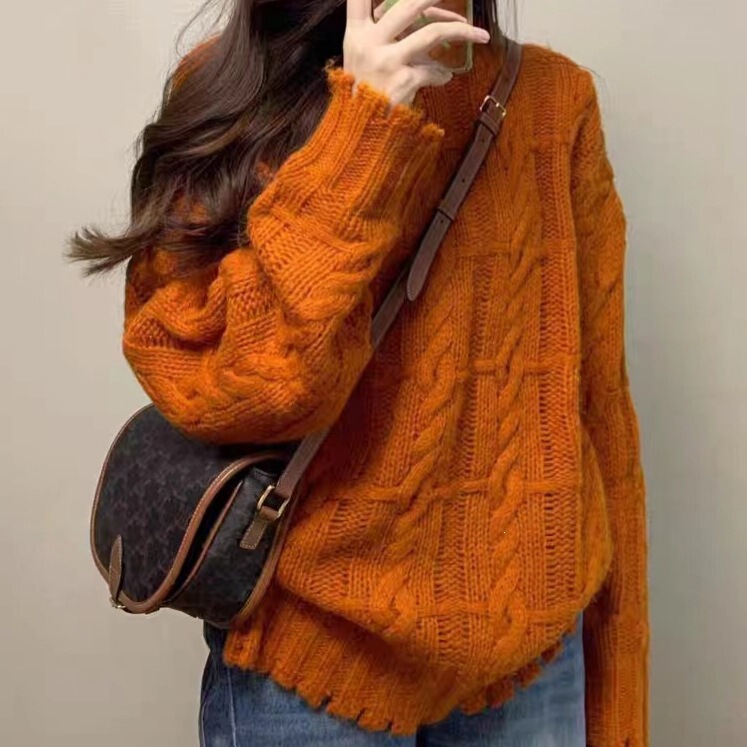 Sweet Style Orange Lazy Style Twist Knit Sweater for Women 2025 Autumn and Winter Loose Pullover Knitwear Slimming Top Sweet Style Orange Lazy Style Twist Knit Sweater for Women 2025 Autumn and Winter Loose Pullover Knitwear Slimming Top