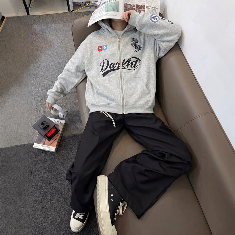 Men's vintage hooded sweatshirt with war horse letter embroidery, spring/autumn cardigan jacket, 2026 versatile commuter thin long-sleeve