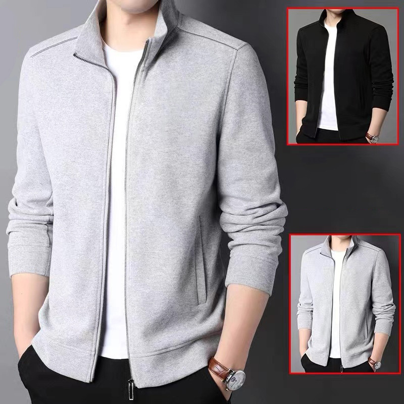 Men's Sweater Solid Color Spring and Autumn Collar Loose Coat Casual Sports Autumn and Winter fleece-lined Jacket Hoodless Cardigan Long Sleeve