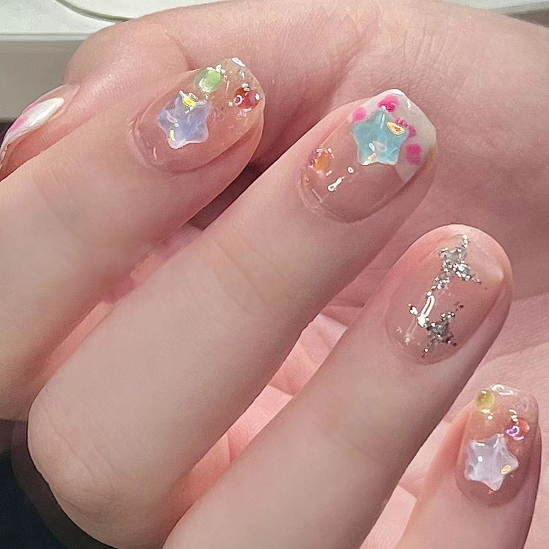 Sweet and Cute Wearable Nail Stickers 30 Pieces Acrylic Colorful Star Manicure Pink Polka Dot Short Wearable Nails