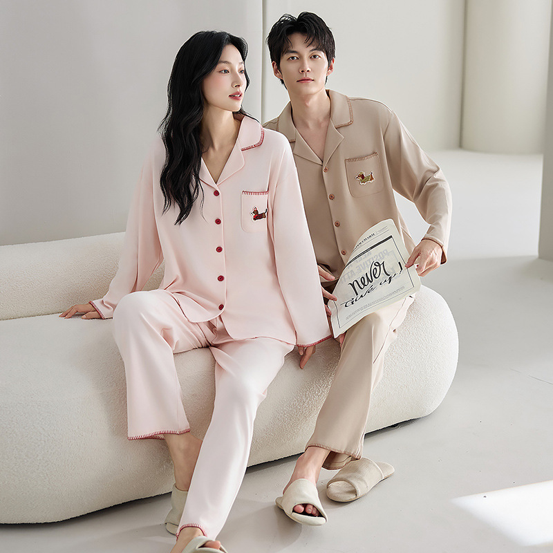 Pure Cotton Couple Pajamas for Men and Women, Spring & Fall Cool Cotton Cardigan Long-Sleeved Cartoon Simple Wearable Home Wear Set