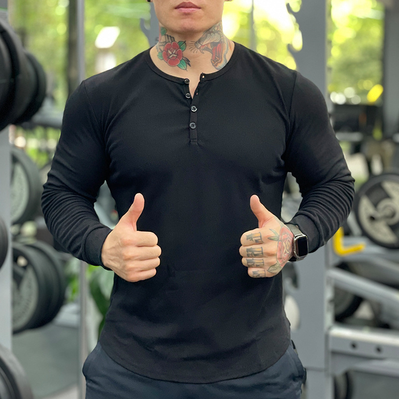 美式运动长袖t恤男修身亨利领打底衫秋季新款棉质弹力健身训练衣