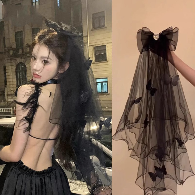 万圣节头纱蝴蝶结发夹黑系2025新款节日装扮拍照道具大号头饰发饰