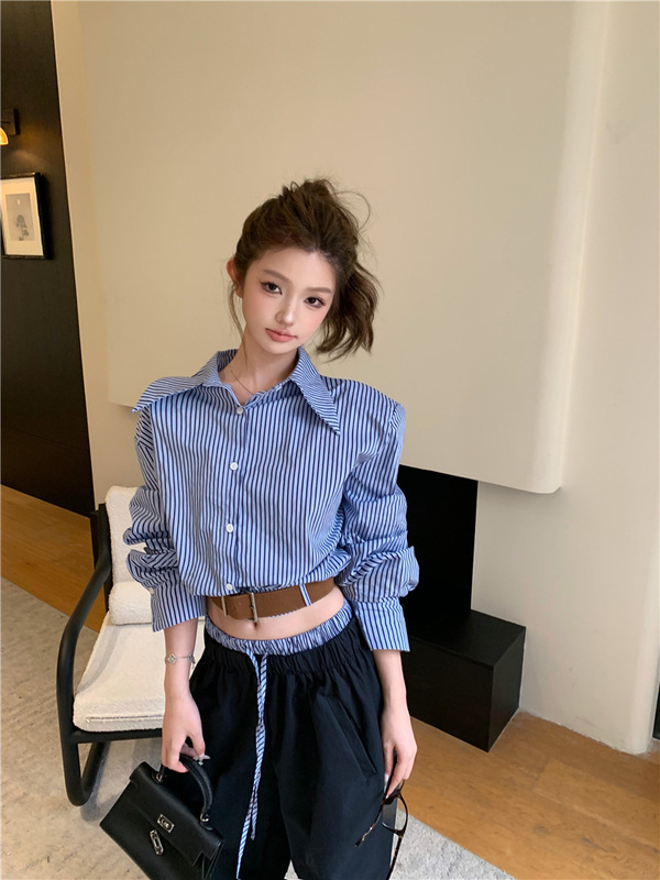 秋装新款两件套女蓝色条纹衬衫配腰带短款长袖上衣阔腿直筒裤套装|undefined