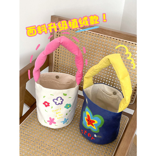 亚马逊跨境货源/清新帆布水桶包充棉肩带手拎包饭盒袋可爱印花便