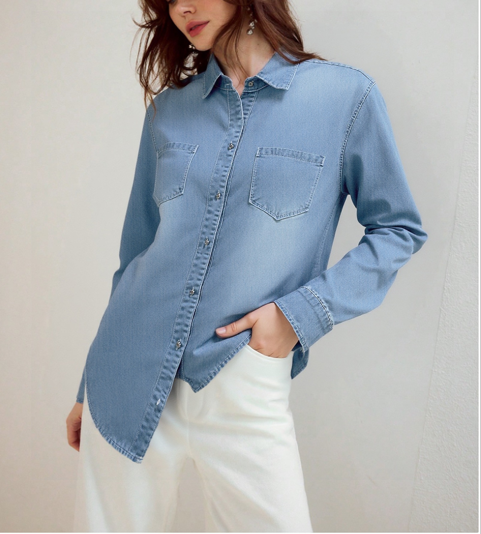 Giacca in denim classica da donna – Camicia casual con bottoni e colletto polo_voghion.com