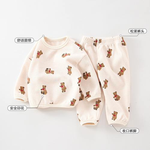 Newborn baby clothes waffle round neck sweatshirt two-piece set spring new baby cotton spring clothing children's suit