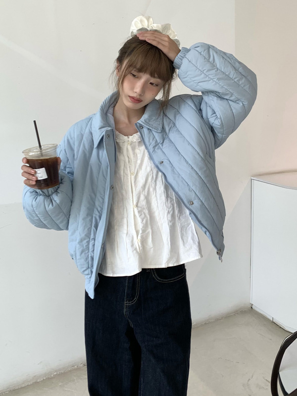 彩色织唛竖条纹理25秋冬翻领小个子轻盈棉服甜美韩版宽松棉衣外套|undefined