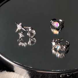三件套水晶宝石戒指女ins潮小众设计高级感开口中指戴欧泊月光石