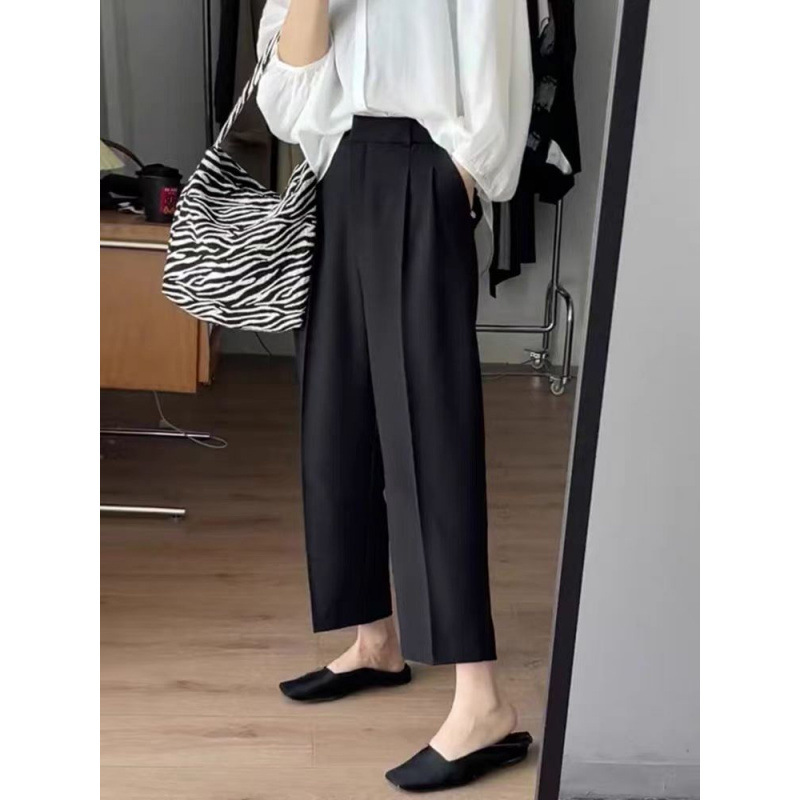 Black Women's Suit Pants for Spring and Summer, Loose-Fitting Cropped Casual Pants, High-Waisted, Slimming, Hip-Covering, Straight-Leg Cigarette Pants Black Women's Suit Pants for Spring and Summer, Loose-Fitting Cropped Casual Pants, High-Waisted, Slimming, Hip-Covering, Straight-Leg Cigarette Pants