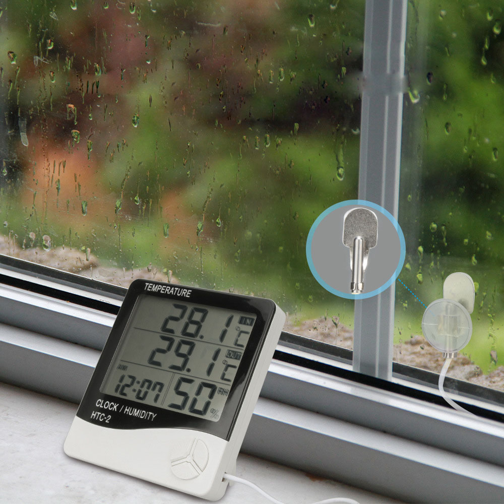 Termómetro interior e higrómetro HTC-2 de alta calidad para interiores y exteriores, reloj despertador, pantalla de doble temperatura para el hogar, termómetro electrónico con sonda image 4