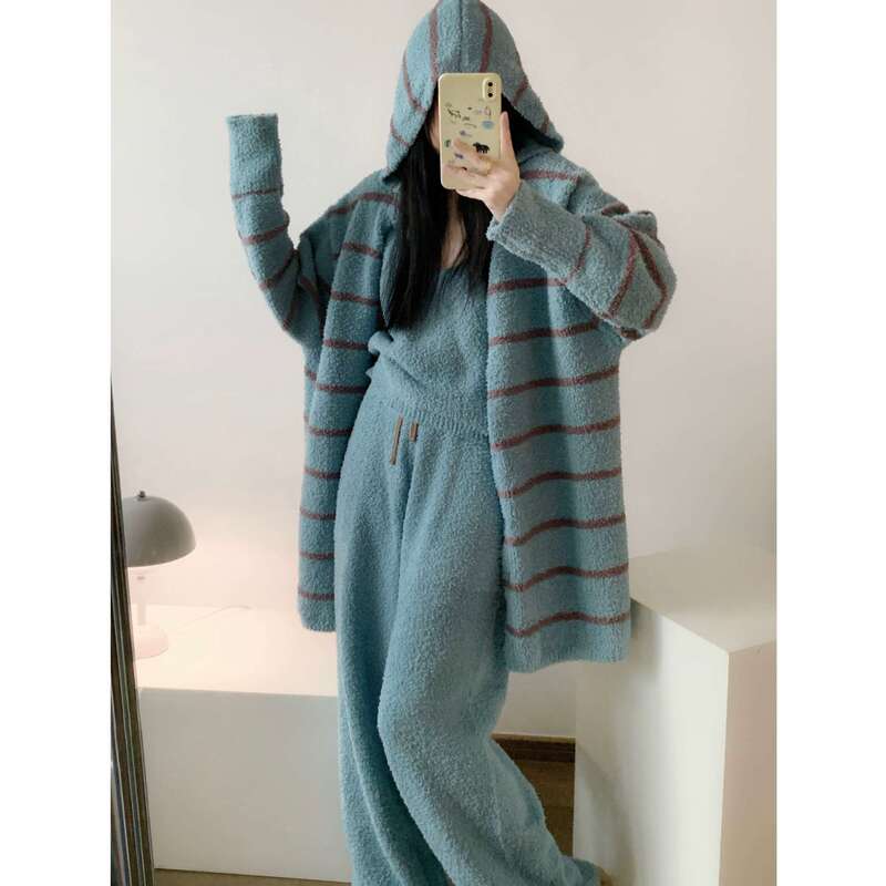 [Simple Stripes] Korean Style Half-Velvet Pajamas for Women Winter New Fleece-Lined Warm Loose Home Wear Three-Piece Set