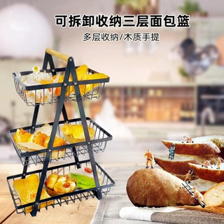 跨境可拆卸组装三层木质手提篮客厅厨房水果篮面包零食收纳置物架
