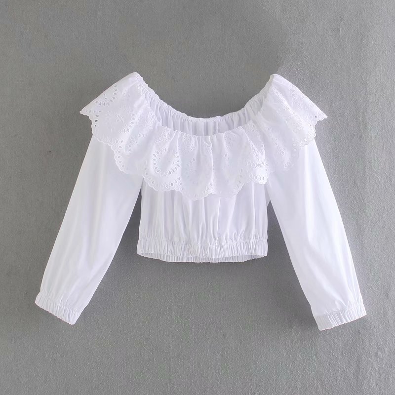 elastic hollow embroidery poplin blouse NSAM43297