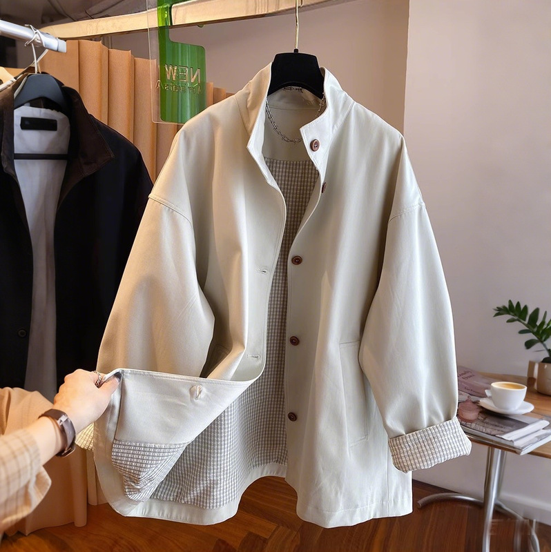 South Korea Korean Style Vertical Collar Windbreaker Coat Women's Spring and Autumn 2025 New Loose Casual Plaid Lined Mid-length Coat