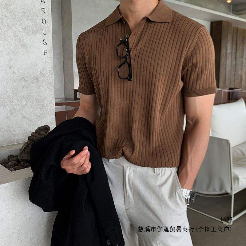 Men's short-sleeved collared polo shirt, Korean style, loose fit, ice silk t-shirt, summer trendy casual mature style solid color top