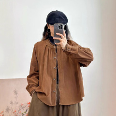 琪镌绘制细条绒绒衬衫女2025秋新款复古宽松毛边领开衫灯芯绒衬衣