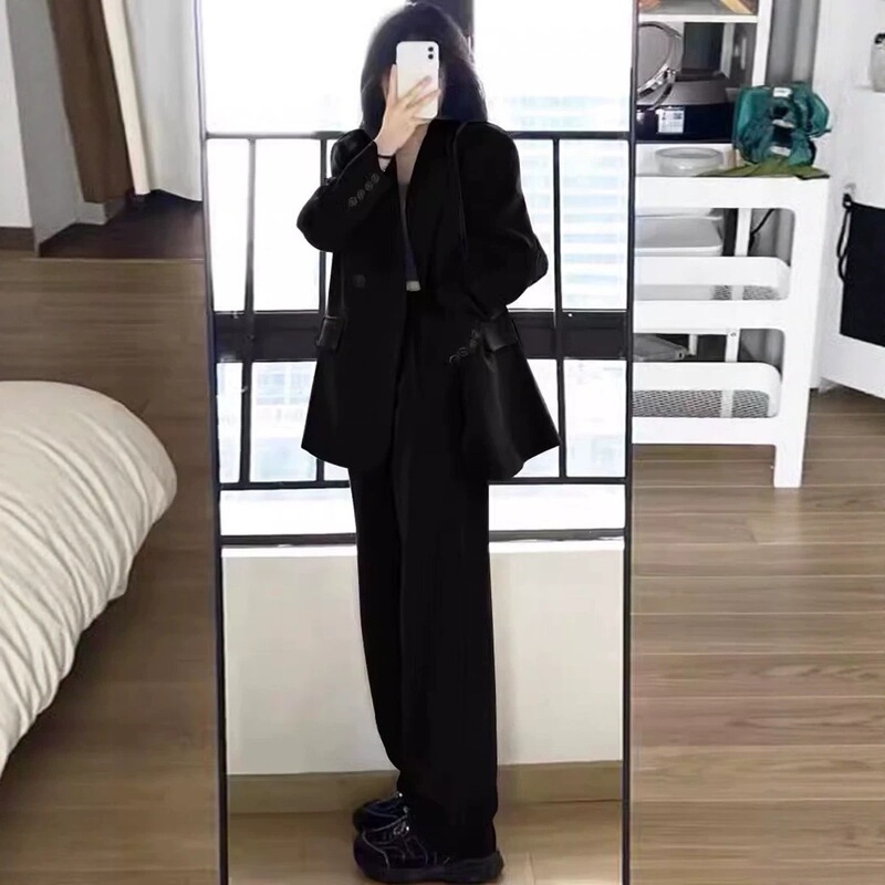 Black Suit Set for Women 2025 Spring New Style Petite Casual Blazer Fashion Wide-Leg Pants Two-Piece Set Black Suit Set for Women 2025 Spring New Style Petite Casual Blazer Fashion Wide-Leg Pants Two-Piece Set