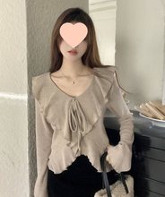 大码女装荷叶边长袖针织衫春季新款系带法式小衫胖mm显瘦宽松上衣
