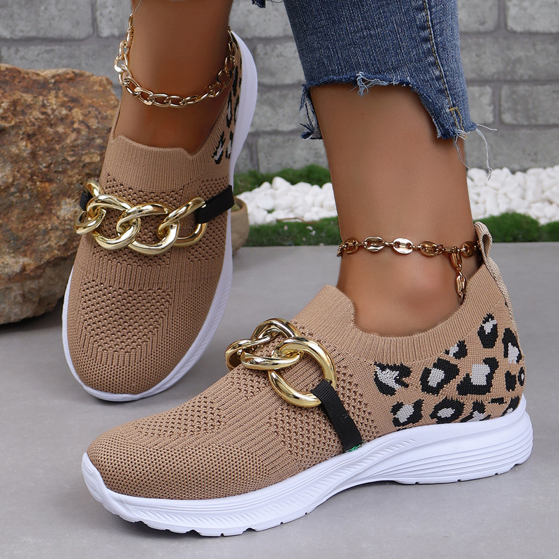 2025 Spring and Autumn New Style Foreign Trade Large Size Mesh Metal Chain Decorated Solid Color Slip-On Sports and Casual Women's Shoes