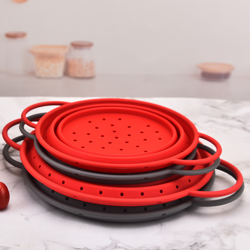 现货硅胶折叠沥水篮熟食捞篮耐高温圆形伸缩户外露营沥水果盘菜篮