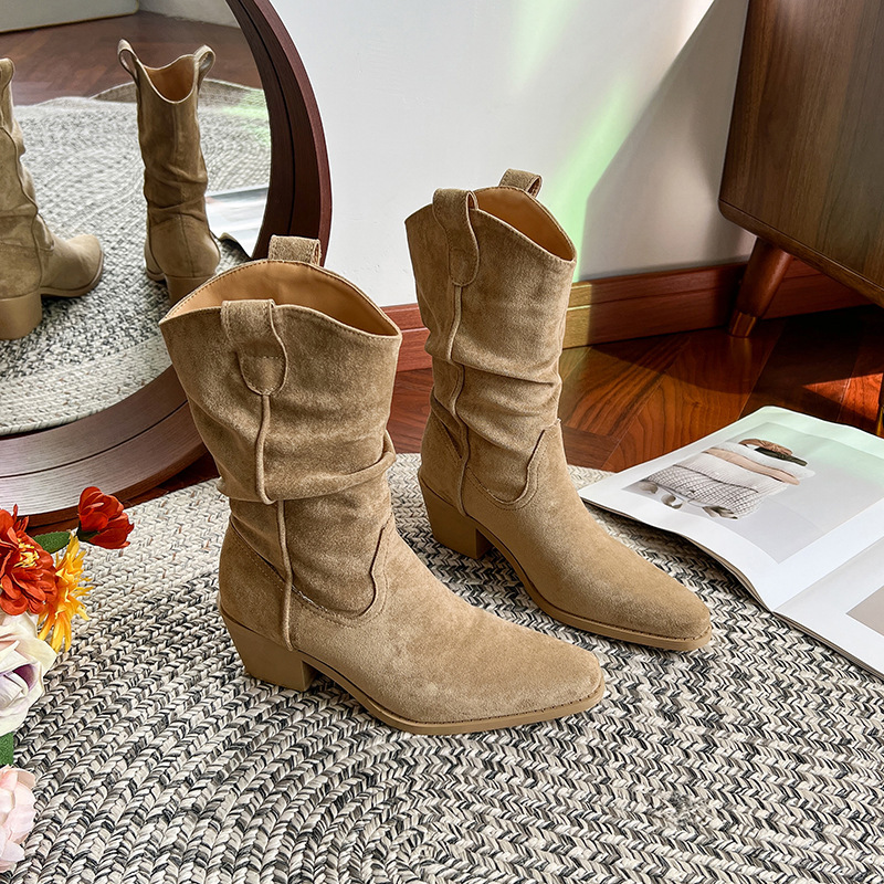 大きいサイズ 41-43 カウボーイブーツ女性用 2025 秋の新スタイルポインテッドトゥ太いヒールプリーツショートチューブマーティンブーツナイトブーツ|undefined