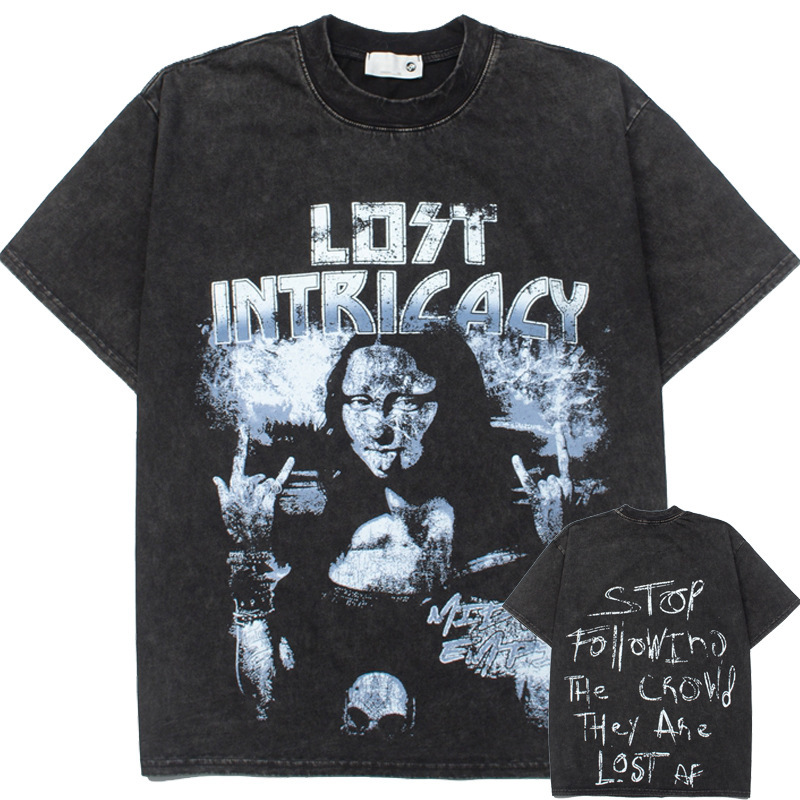 American Street Fashion Lost Intricacy Spoof of the Mona Lisa Direct Print Vintage Distressed Short-Sleeve T-Shirt