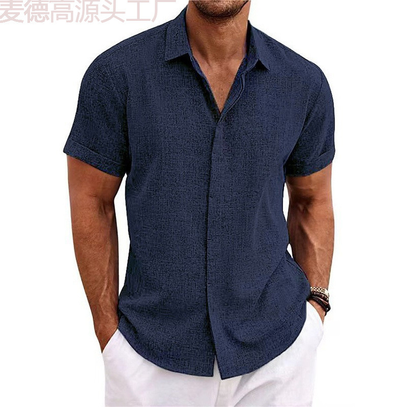 Foreign Trade Men's Linen Short-Sleeved T-Shirt Loose Undershirt Pure Color Short-Sleeved Cotton and Linen Shirt Men's Beach Large Size Men's Short-Sleeved Shirt