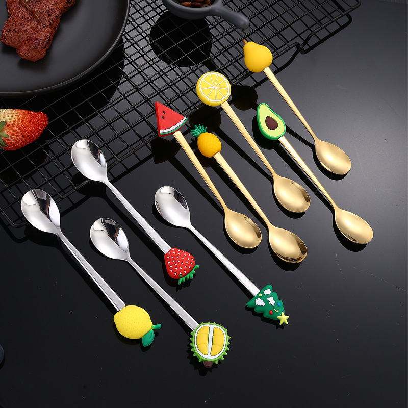 Vajilla de acero inoxidable transfronterizo cuchara creativa dibujos animados para niños fruta mango de silicona café revolviendo postre pastel cuchara