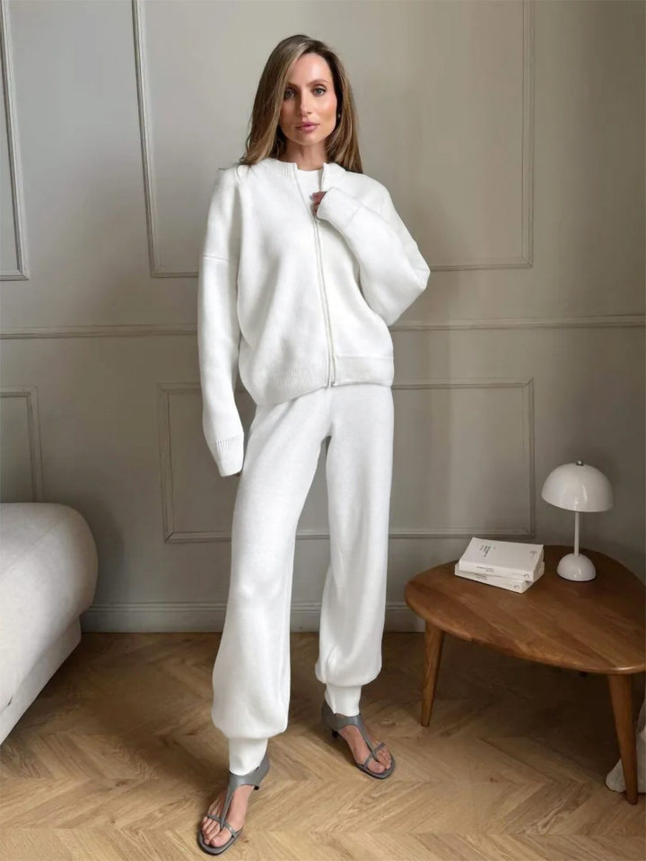 Bộ áo cardigan dệt kim khóa kéo dài tay phối quần ống rộng cho nữ — Màu nâu, Màu trắng, Màu xanh dương chi tiết 10