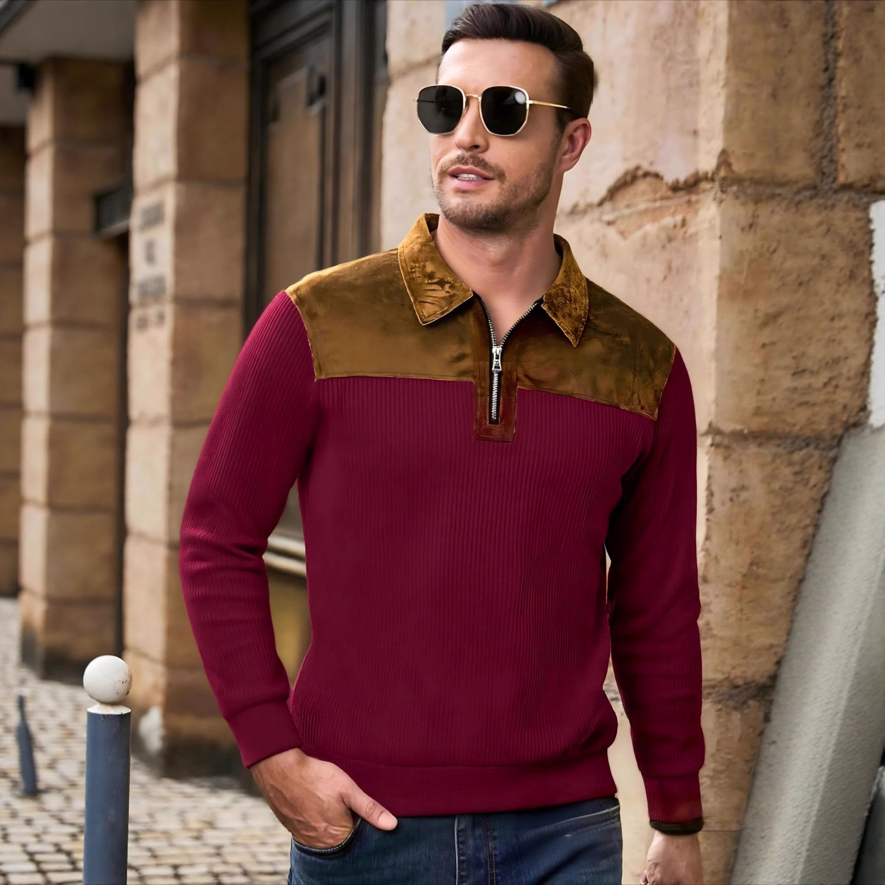 Men's Suede Patchwork Knit Sweater Zip up Long Sleeve Casual T-Shirt Breathable Spring Autumn White Polyester Outdoor Polo_voghion.com
