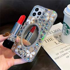 蘋果15/14Pro手機殼適用於iphone13化妝鏡11水鑽12花朵78珍珠奢華