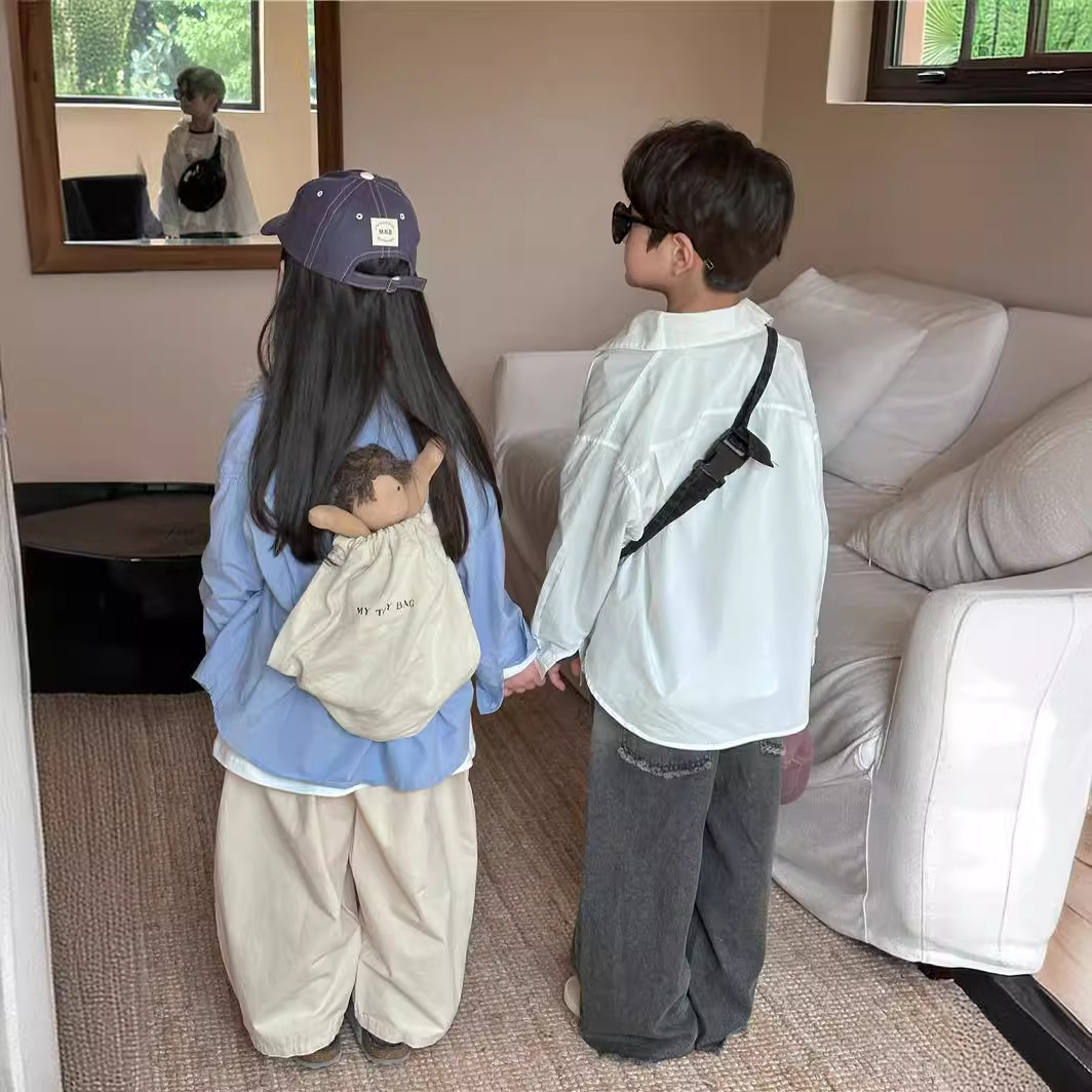 Camisa DE LOS NIÑOS 2024 primavera nuevos niños y niñas camisa de solapa de color sólido bebé lavado algodón camisa casual