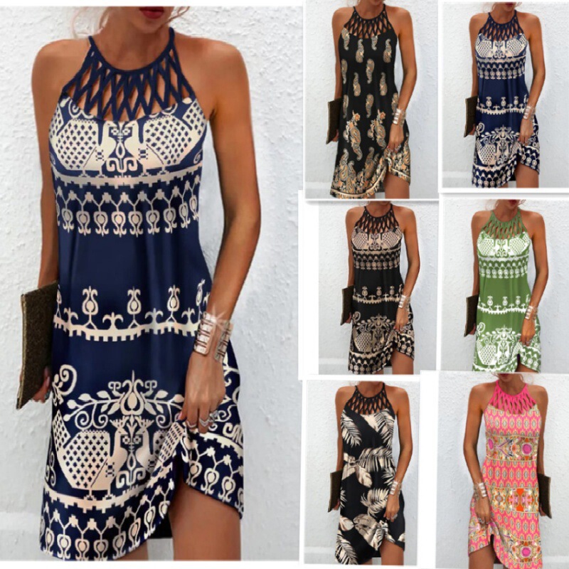 Cross-Border New Women's 2022 European and American Summer Round Neck Cut Out Collar Slim Sleeveless Halterneck Printed Dress