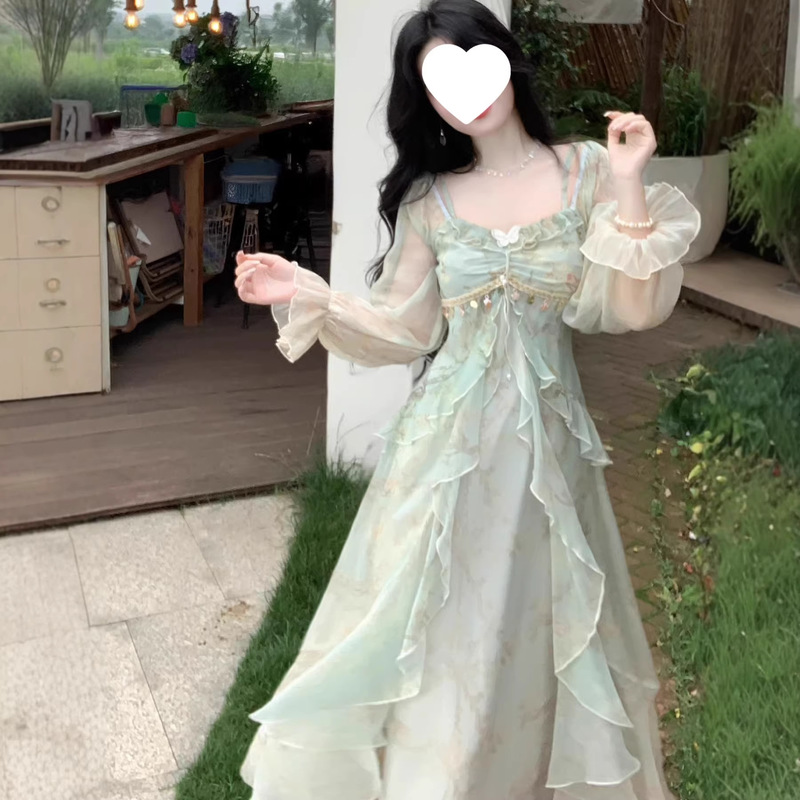 French-Style Tea Break Pure Desire Princess Long Dress with a Fairy-Like Gray Gradient and Ruffled Edges for a Hazy Beauty, Women's Dress French-Style Tea Break Pure Desire Princess Long Dress with a Fairy-Like Gray Gradient and Ruffled Edges for a Hazy Beauty, Women's Dress
