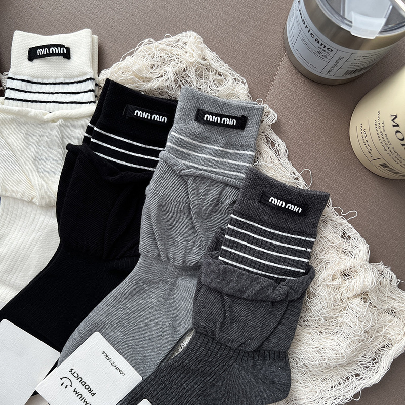 White Striped Socks Autumn and Winter New Double-Layer Flared Spliced Slimming Long Mid-Calf Slouch Socks for Women